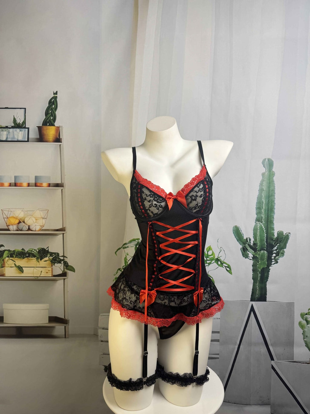Lace Trim Corset Babydoll Garter Set With Thong