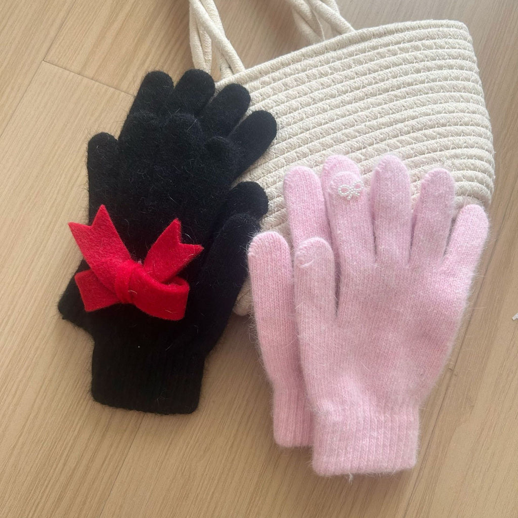 Felt Bow Angora Blend Knit Gloves - Black