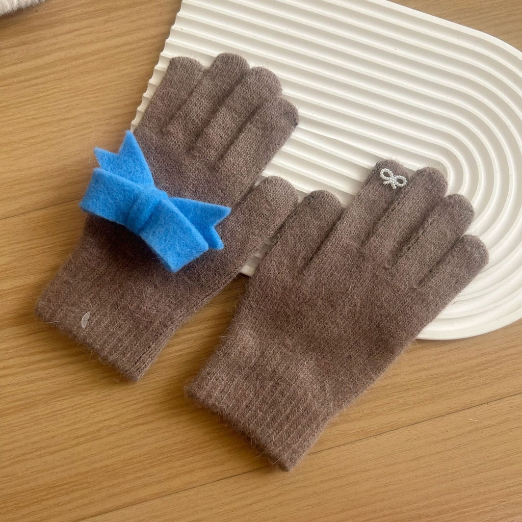 Felt Bow Angora Blend Knit Gloves - Coffee