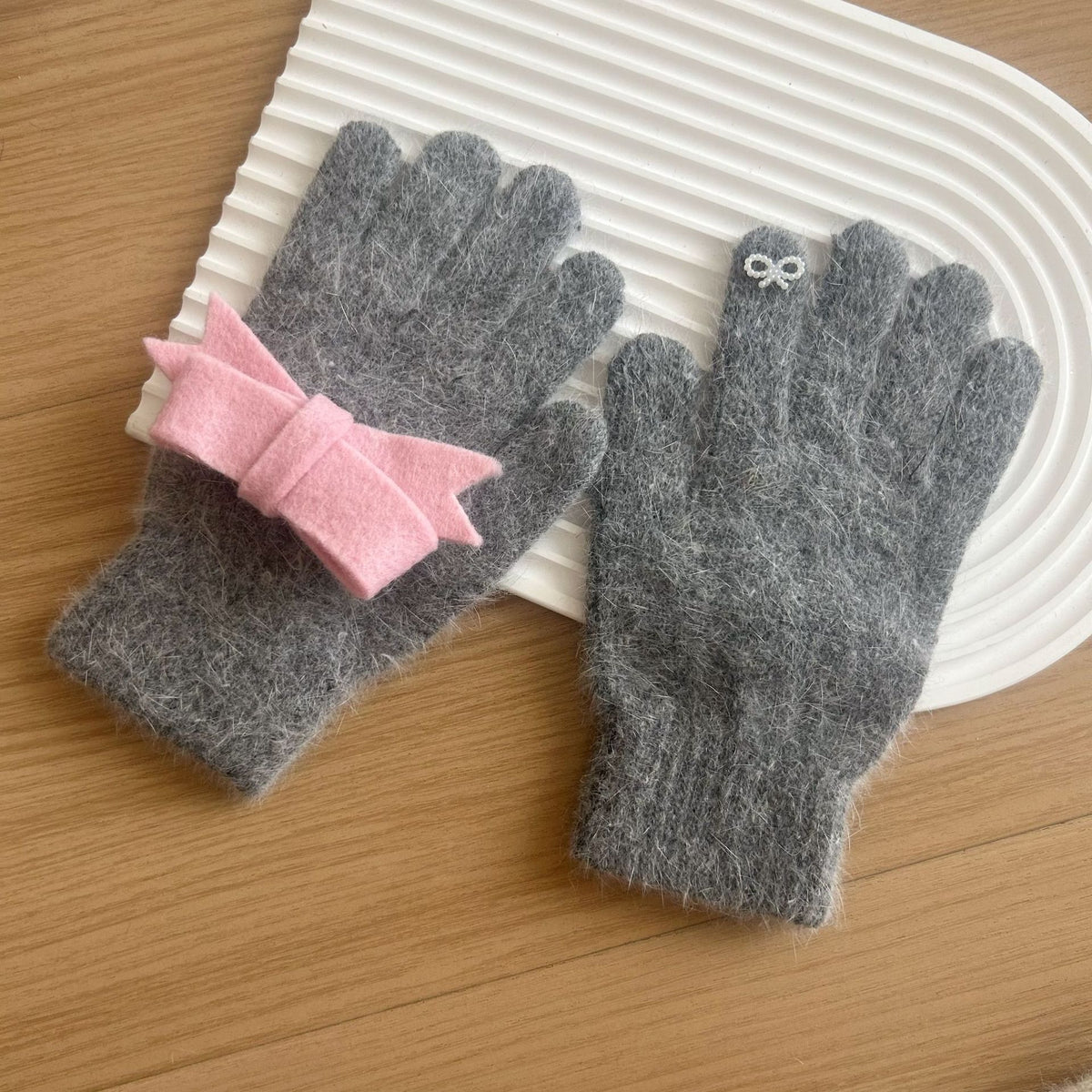Felt Bow Angora Blend Knit Gloves - DarkGrey