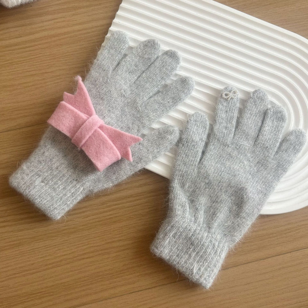 Felt Bow Angora Blend Knit Gloves - Gray