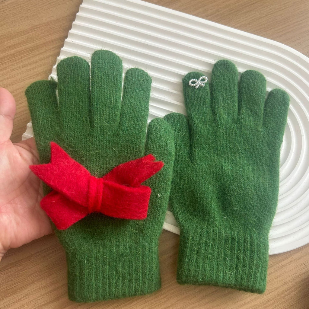 Felt Bow Angora Blend Knit Gloves - Green