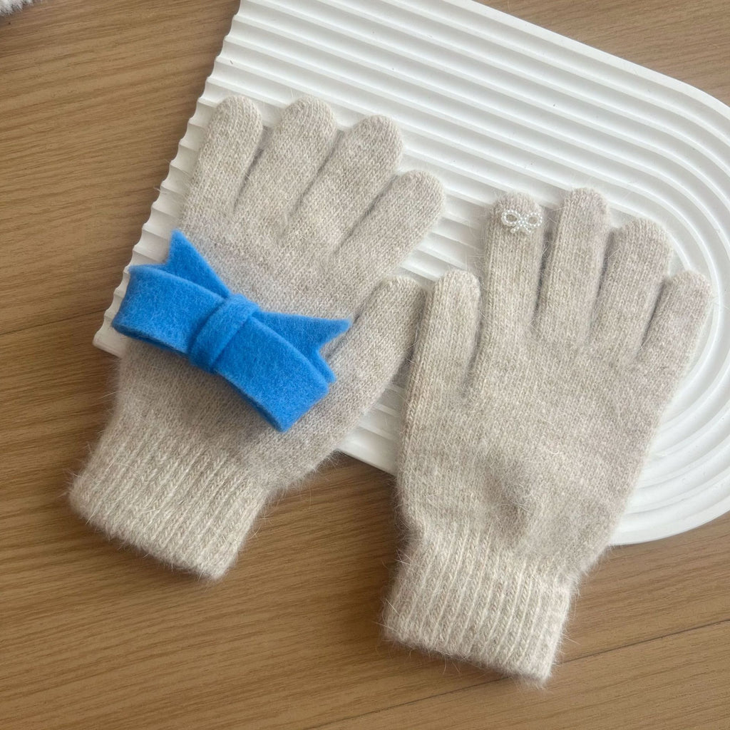 Felt Bow Angora Blend Knit Gloves - Oatmeal