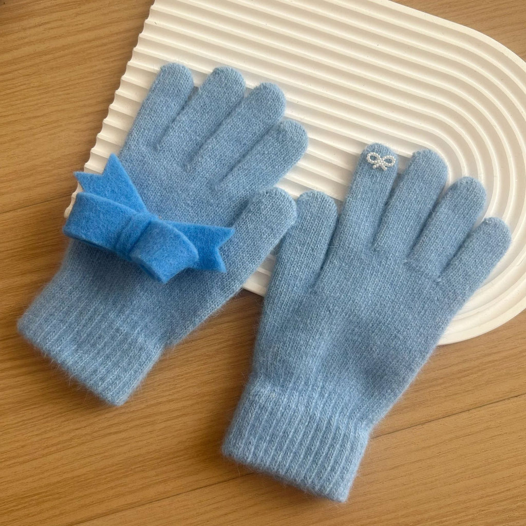 Felt Bow Angora Blend Knit Gloves - SkyBlue