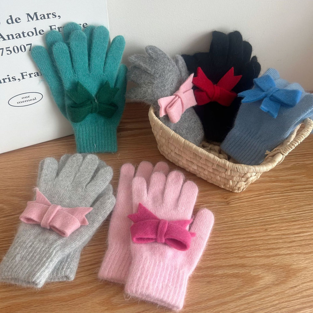 Felt Bow Angora Blend Knit Gloves - Teal