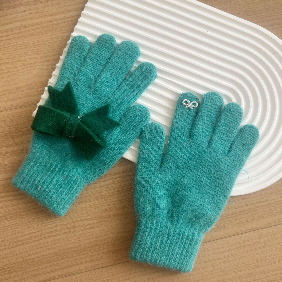 Felt Bow Angora Blend Knit Gloves - Teal - 1