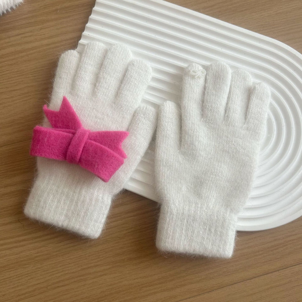 Felt Bow Angora Blend Knit Gloves - White