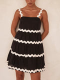 Ric Rac Trim Tiered Babydoll Mini Dress - Black