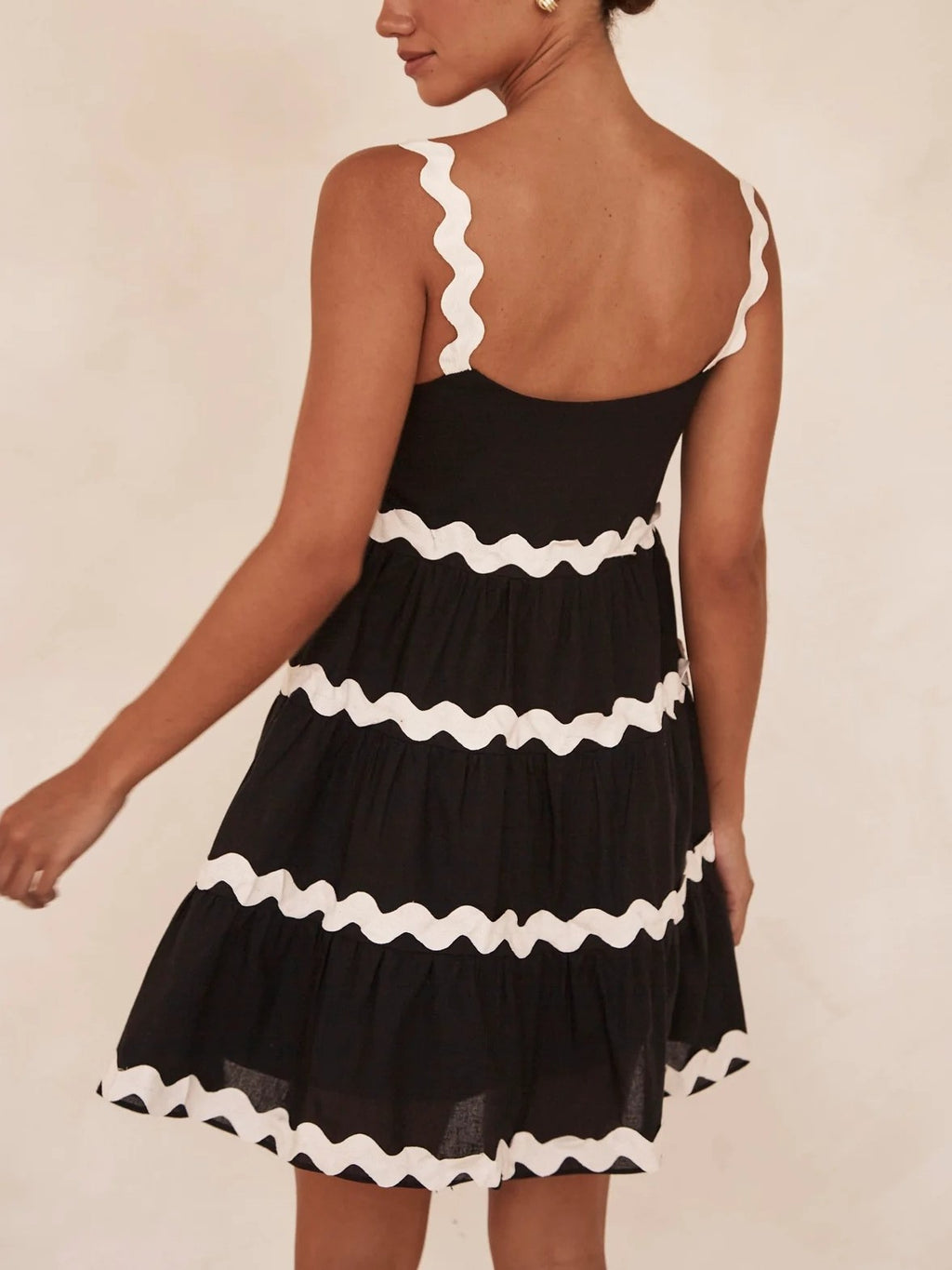 Ric Rac Trim Tiered Babydoll Mini Dress - Black - 2