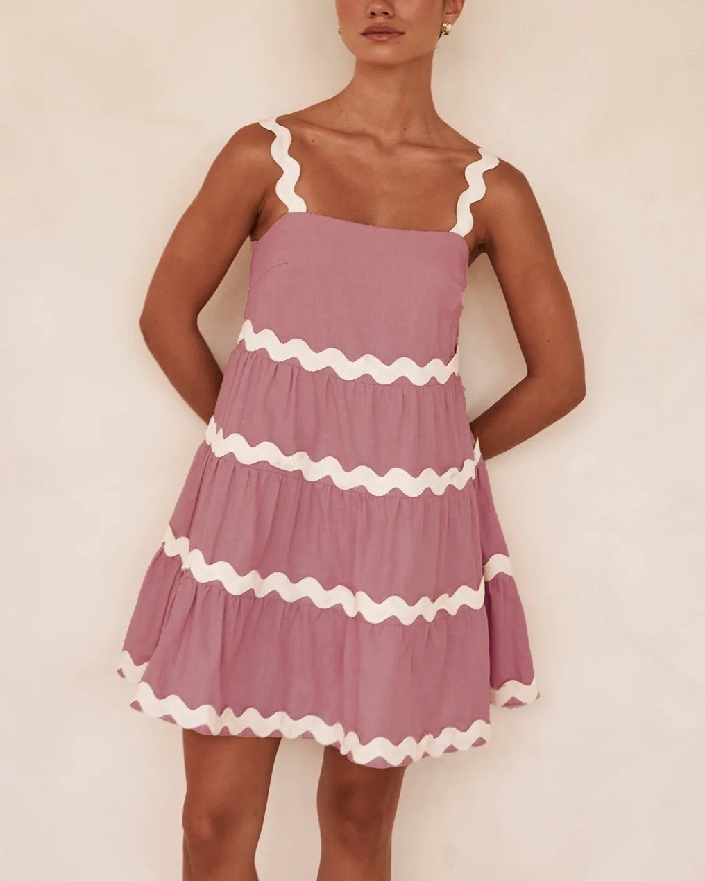 Ric Rac Trim Tiered Babydoll Mini Dress - Pink