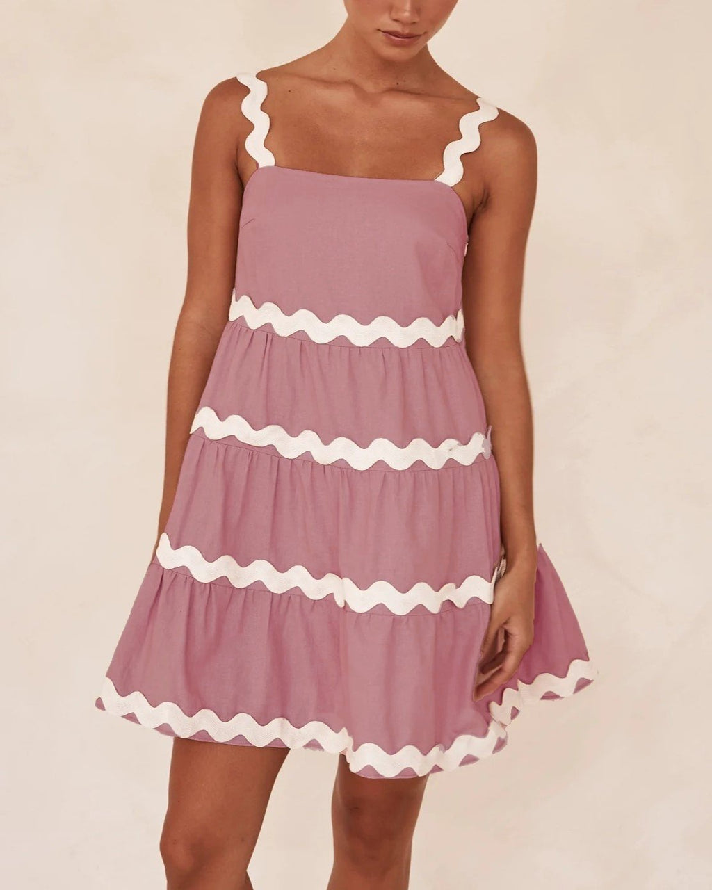 Ric Rac Trim Tiered Babydoll Mini Dress - Pink - 1