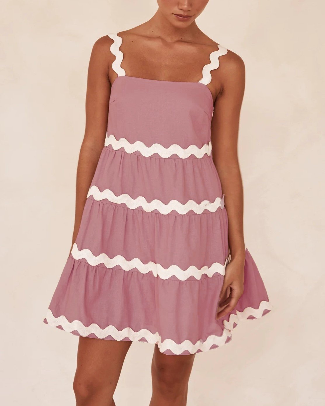 Ric Rac Trim Tiered Babydoll Mini Dress - Pink - 1