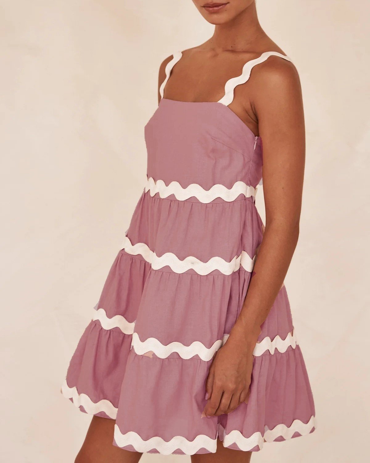 Ric Rac Trim Tiered Babydoll Mini Dress - Pink - 2