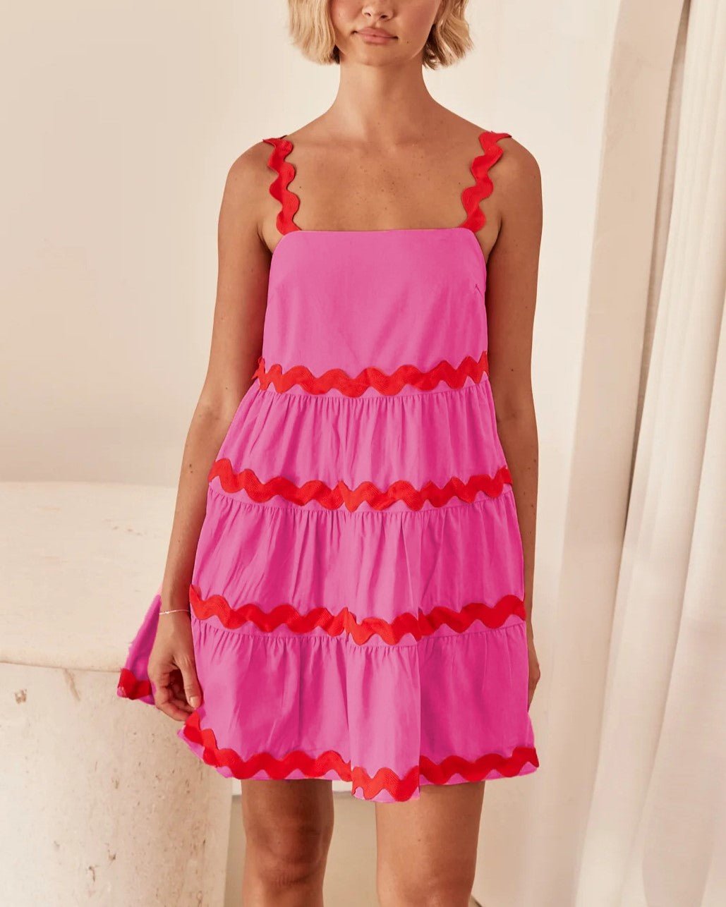 Ric Rac Trim Tiered Babydoll Mini Dress - Rose Red