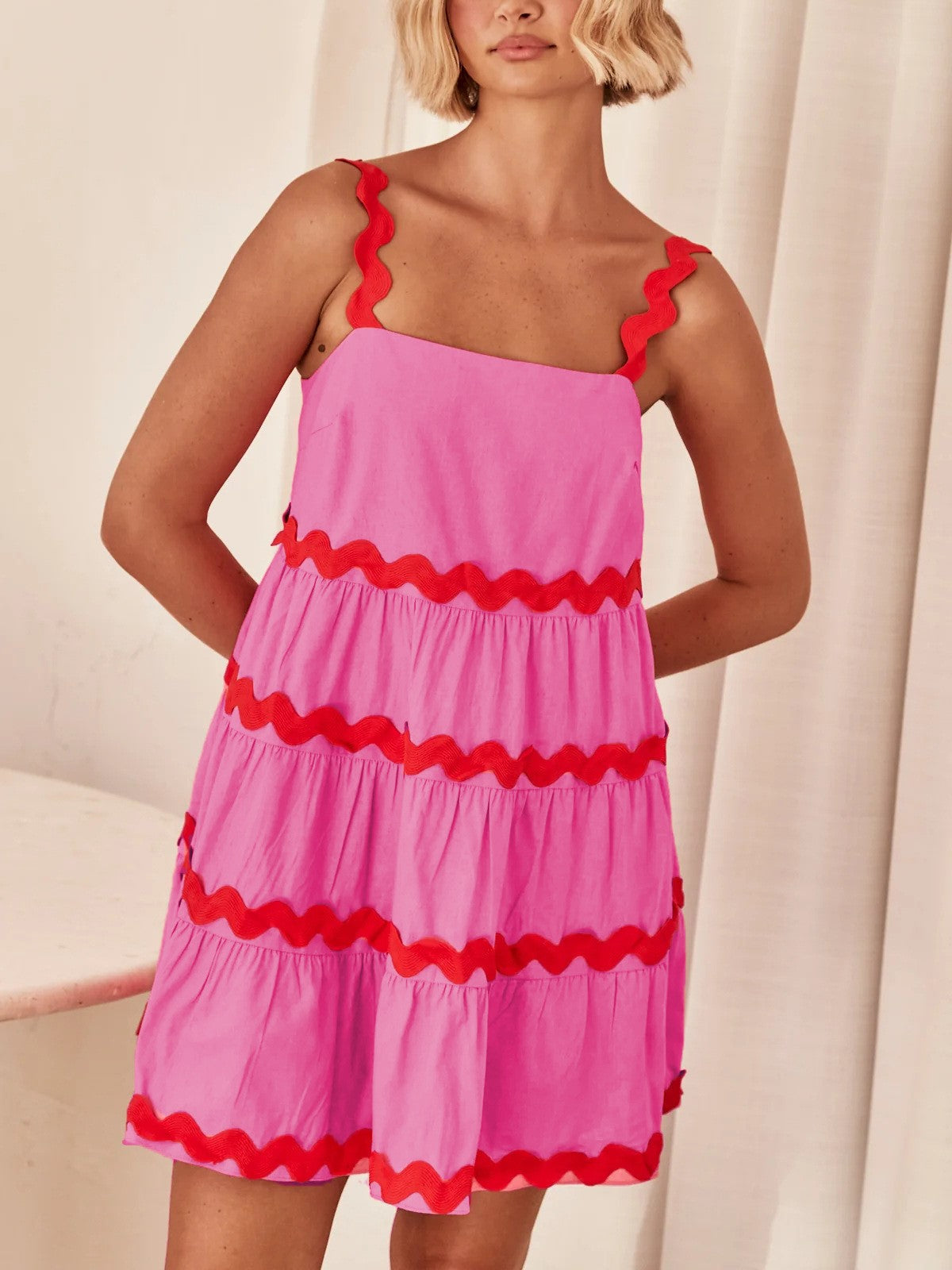 Ric Rac Trim Tiered Babydoll Mini Dress - Rose Red - 1
