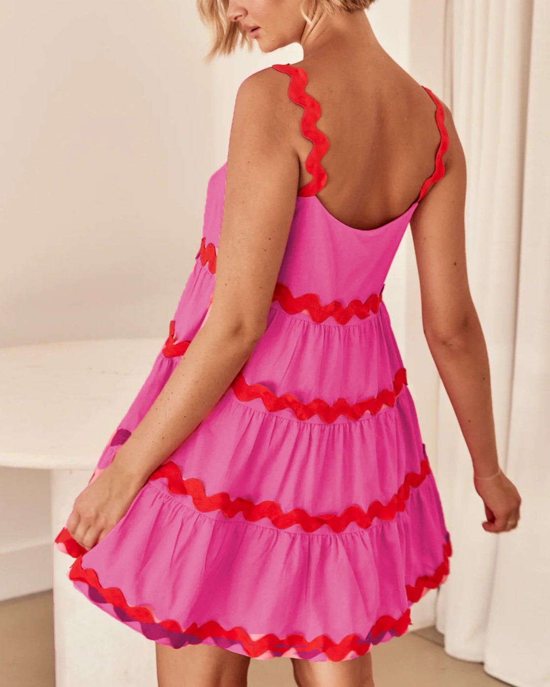 Ric Rac Trim Tiered Babydoll Mini Dress - Rose Red - 2