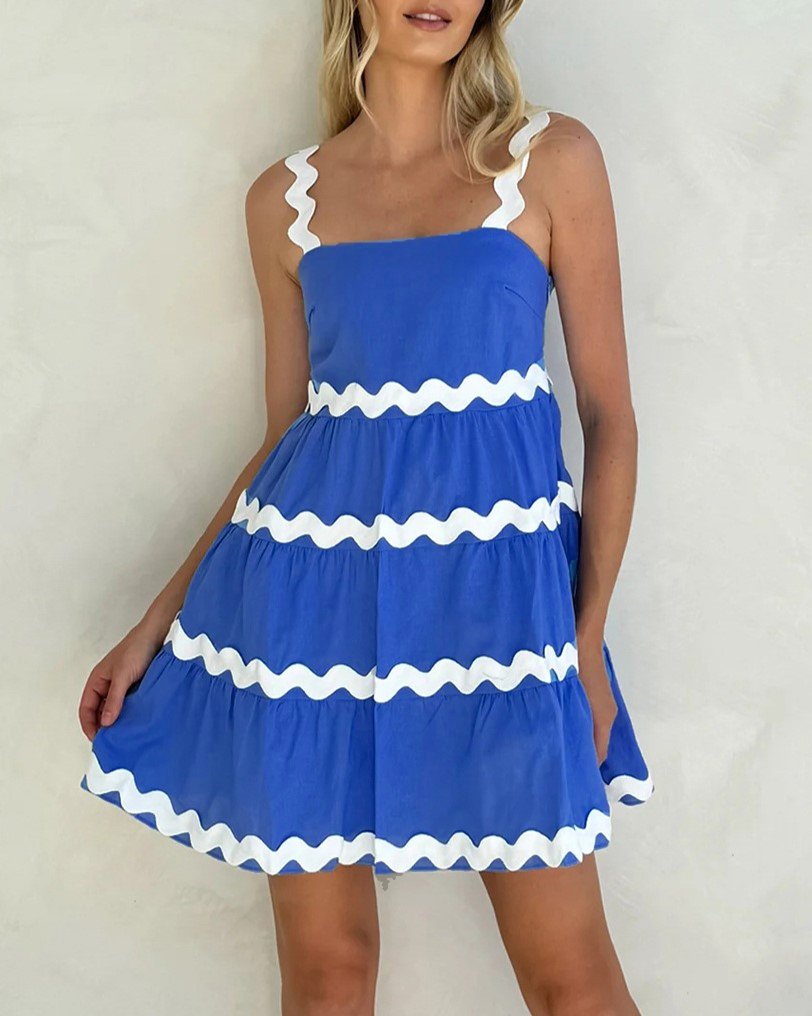 Ric Rac Trim Tiered Babydoll Mini Dress - Sky Blue