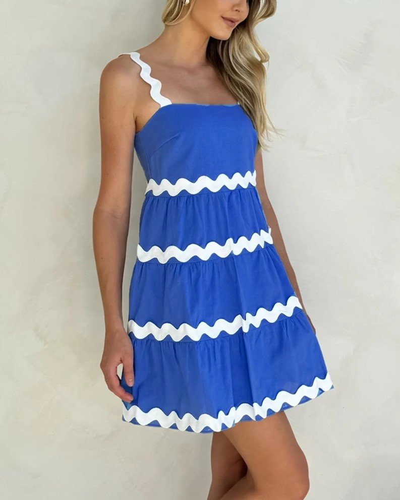 Ric Rac Trim Tiered Babydoll Mini Dress - Sky Blue - 1