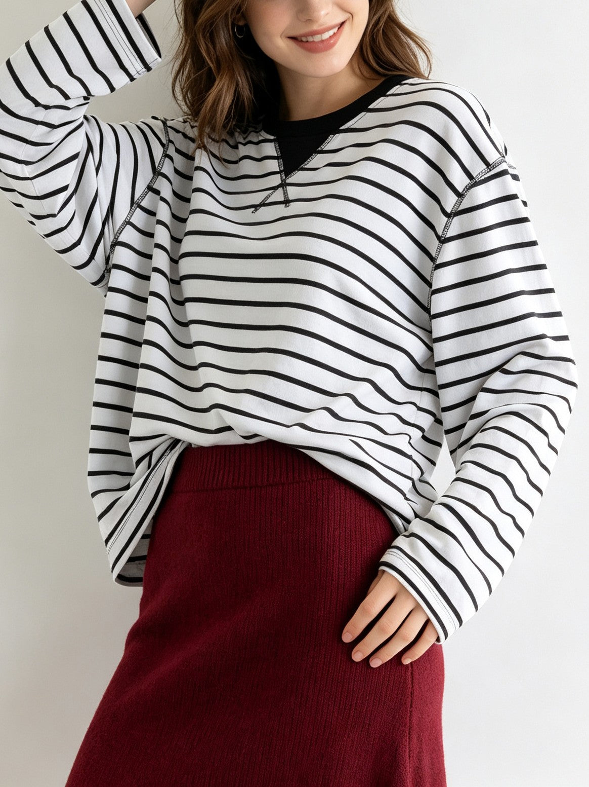 Striped Long Sleeve Tee with Contrast Trim Neckline - Black