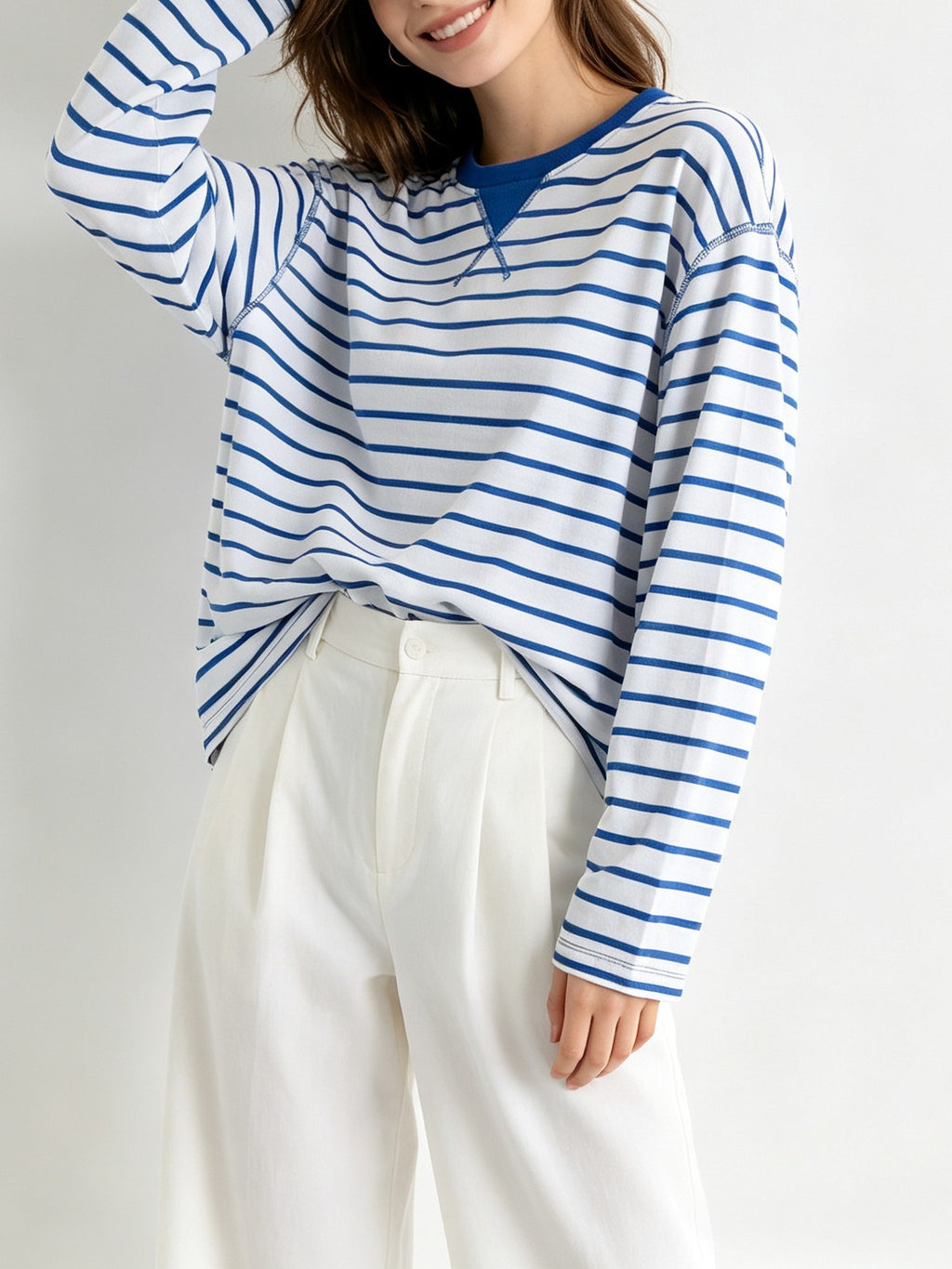 Striped Long Sleeve Tee with Contrast Trim Neckline - Blue