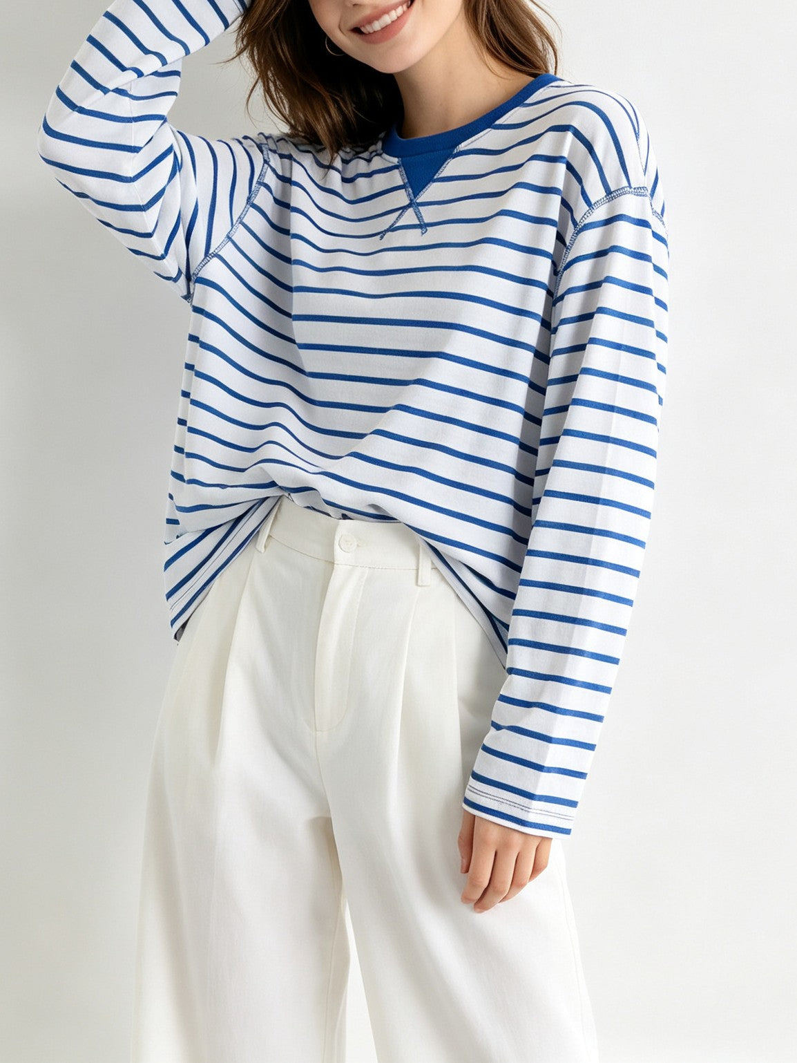 Striped Long Sleeve Tee with Contrast Trim Neckline - Blue