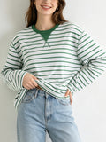 Striped Long Sleeve Tee with Contrast Trim Neckline - Green
