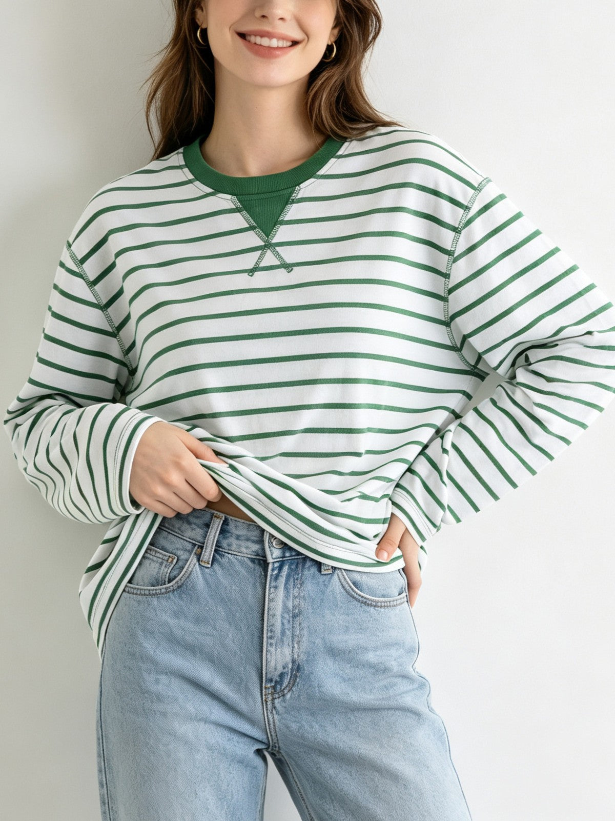 Striped Long Sleeve Tee with Contrast Trim Neckline - Green