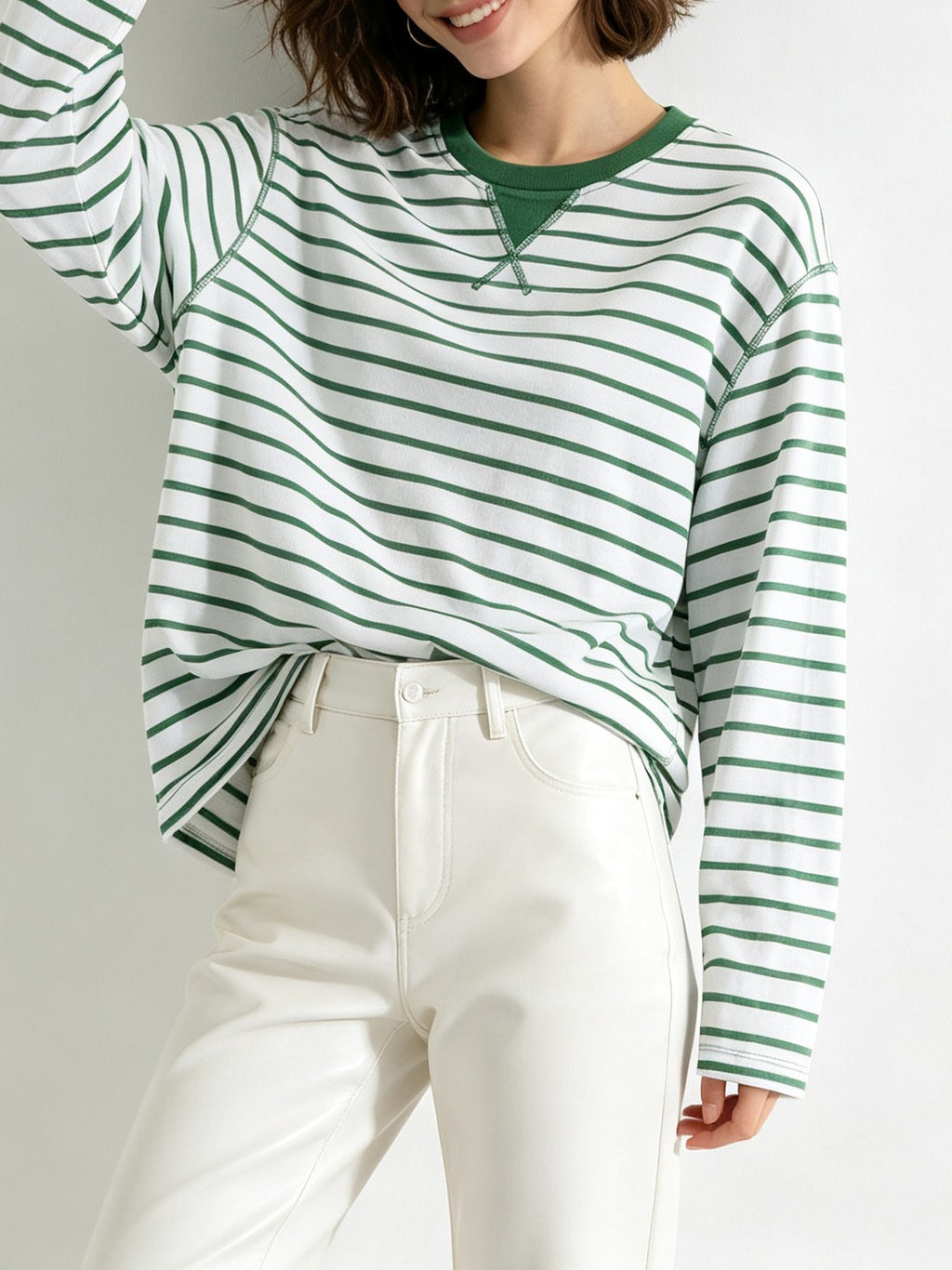Striped Long Sleeve Tee with Contrast Trim Neckline - Green - 1