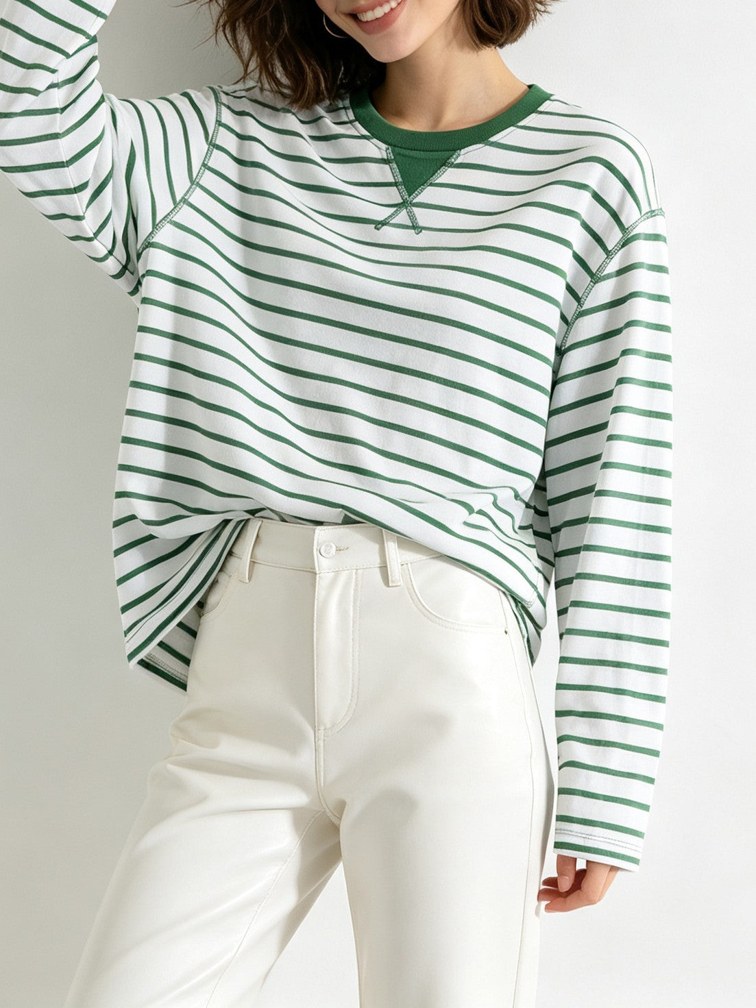 Striped Long Sleeve Tee with Contrast Trim Neckline - Green - 1