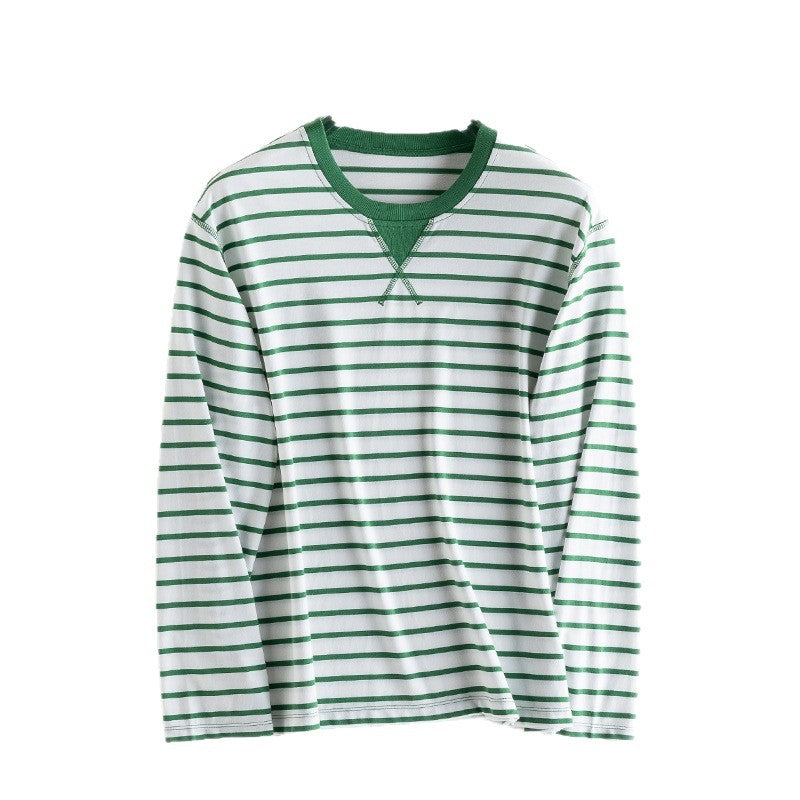 Striped Long Sleeve Tee with Contrast Trim Neckline - Green - 2