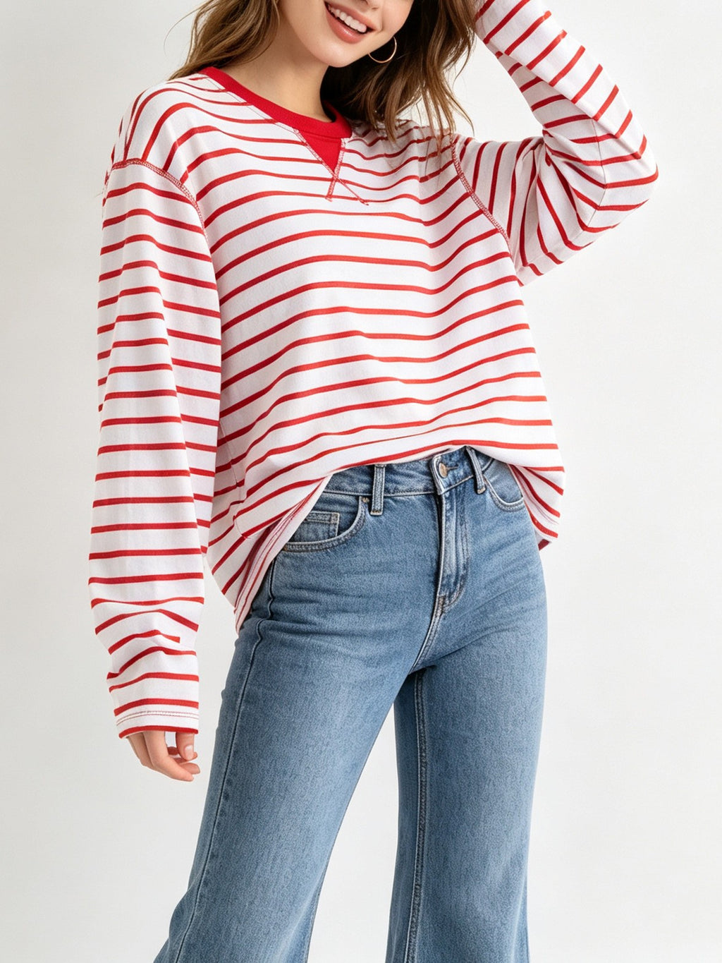 Striped Long Sleeve Tee with Contrast Trim Neckline - Red