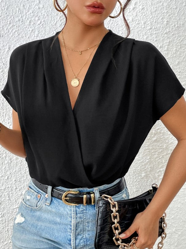 Pleated Surplice V Neck Draped Bodysuit - Black - 1