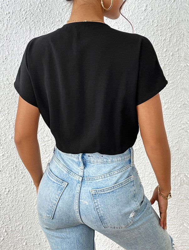 Pleated Surplice V Neck Draped Bodysuit - Black - 3
