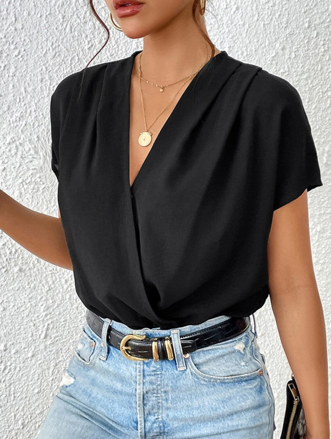 Pleated Surplice V Neck Draped Bodysuit - Black - 4