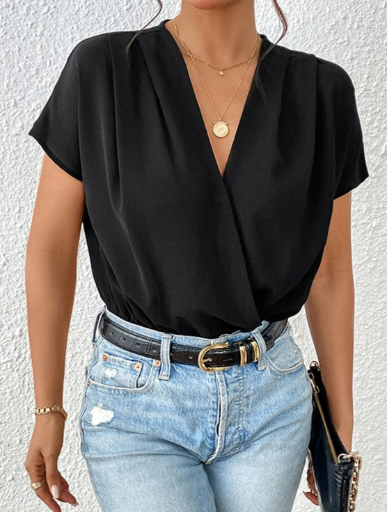 Pleated Surplice V Neck Draped Bodysuit - Black - 5