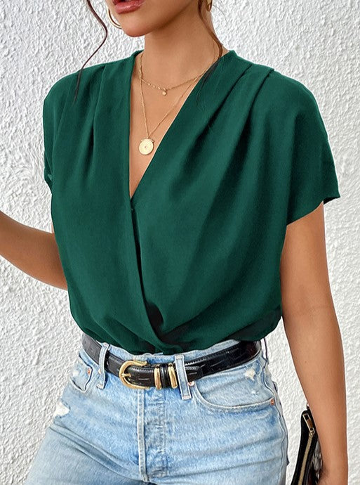 Pleated Surplice V Neck Draped Bodysuit - Green - 1