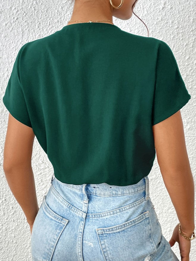 Pleated Surplice V Neck Draped Bodysuit - Green - 2