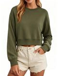 Cropped Crew Neck Fleece Sweatshirt - ArmyGreen