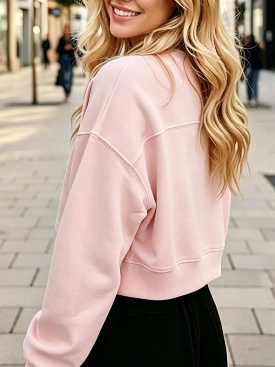 Cropped Crew Neck Fleece Sweatshirt - Pink - 1
