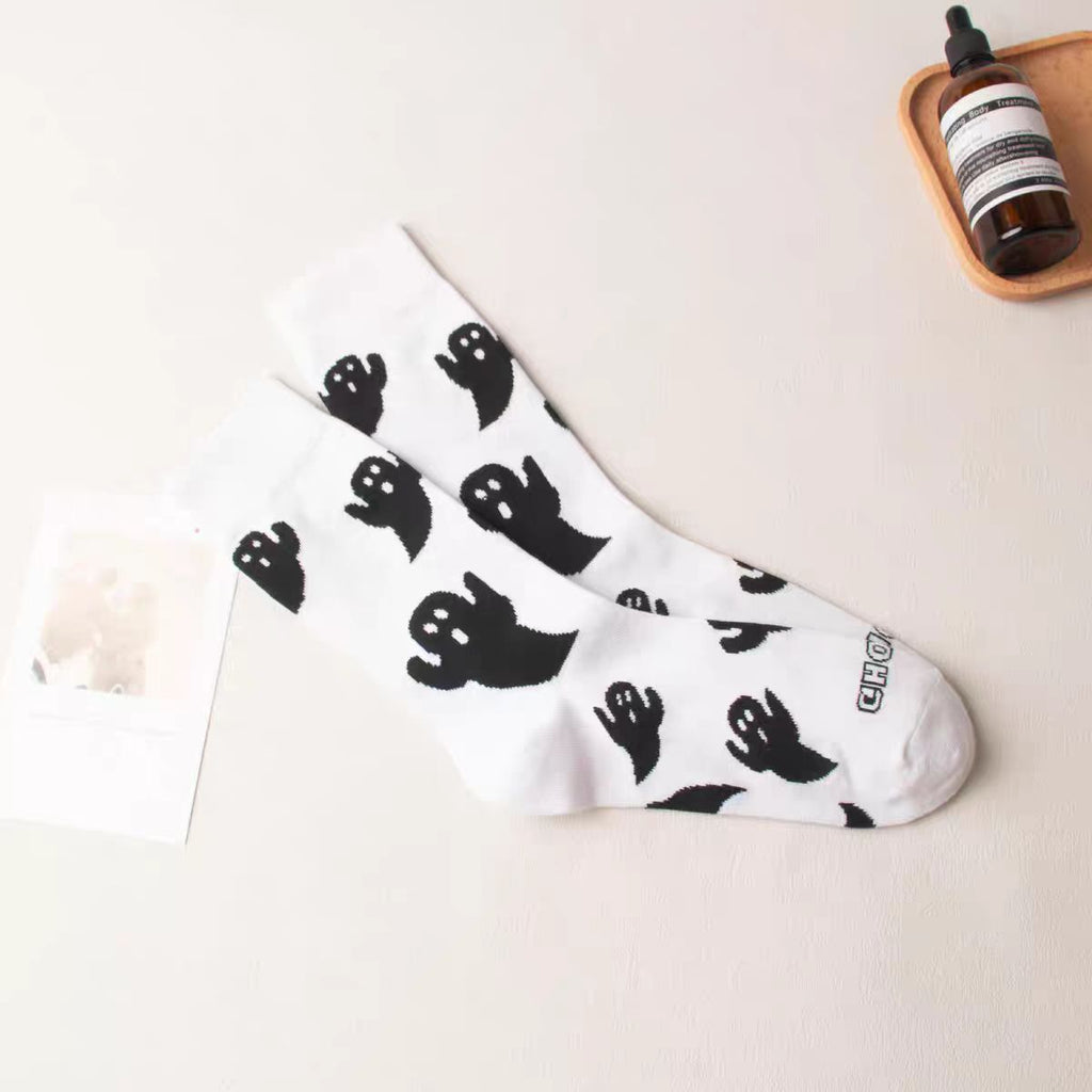 Ghost Print Women's Crew Socks for Halloween - White - 1