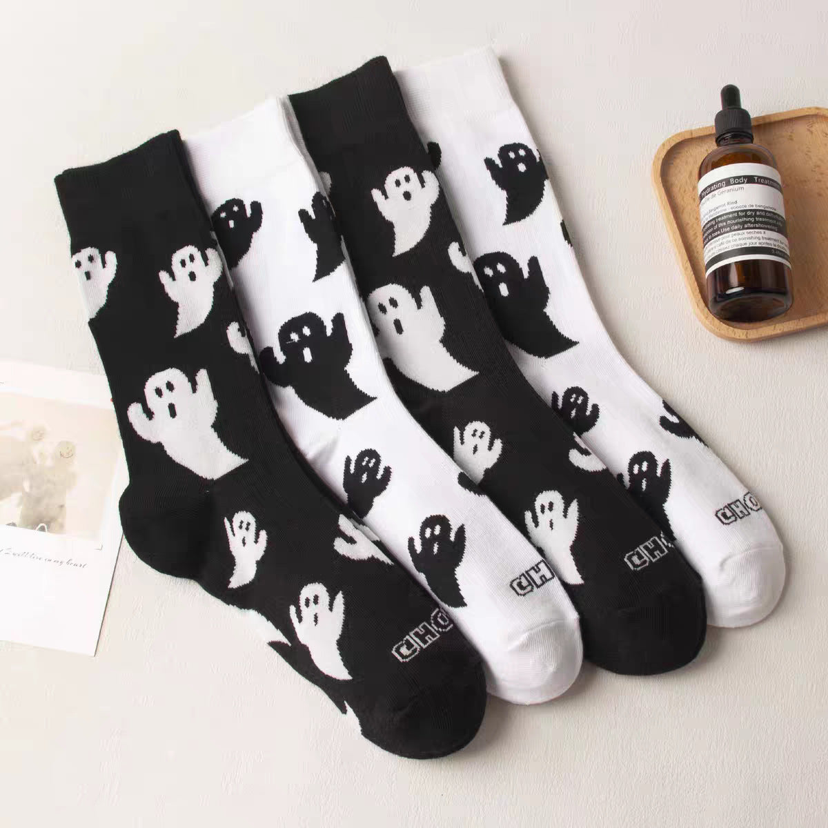 Ghost Print Women's Crew Socks for Halloween - White - 2