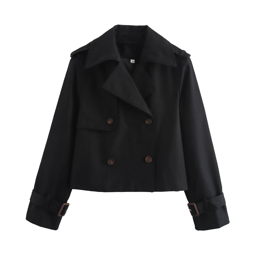 Cropped Double Breasted Trench Coat - Black
