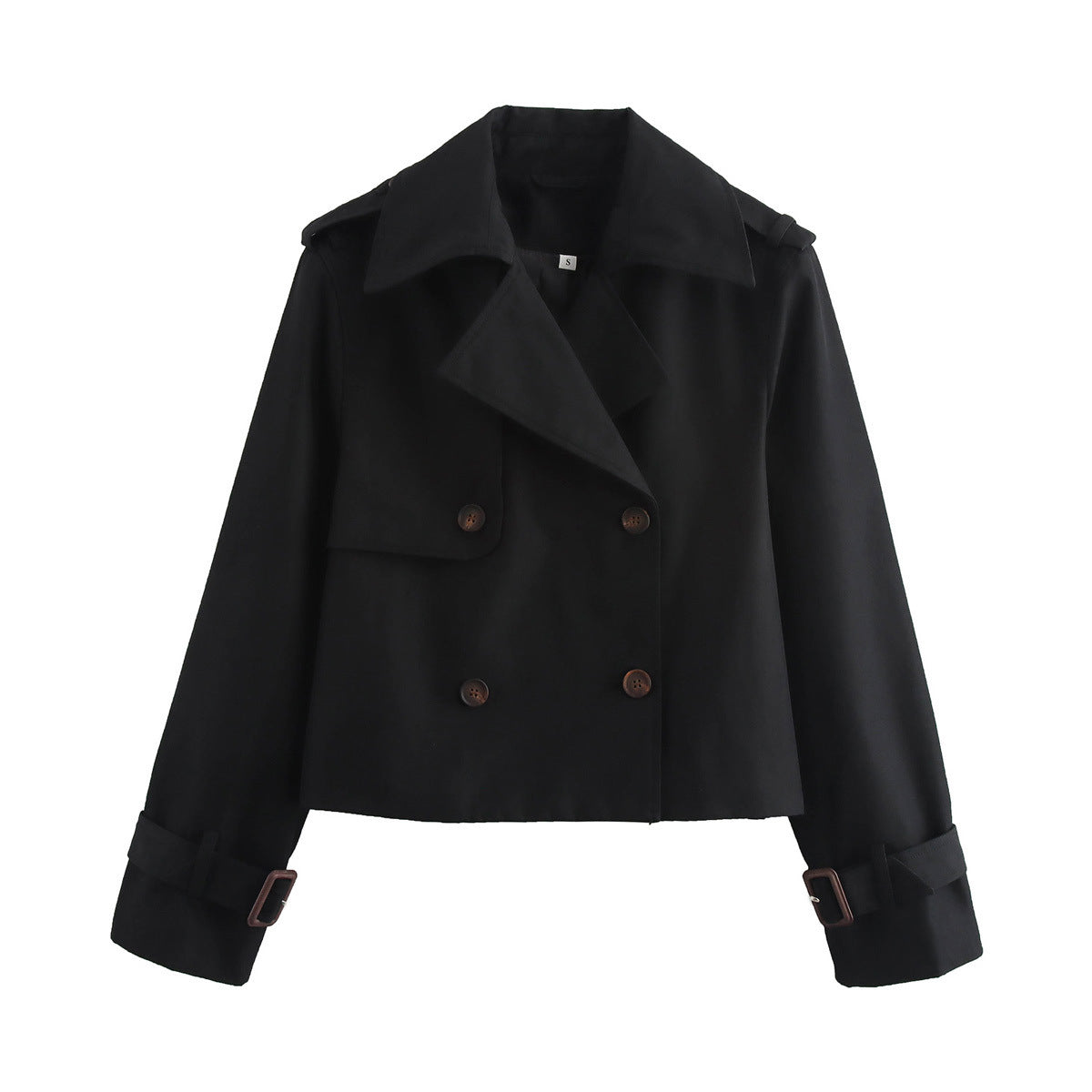 Cropped Double Breasted Trench Coat - Black