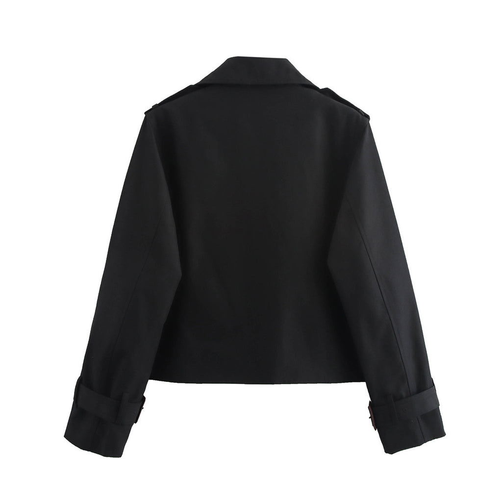 Cropped Double Breasted Trench Coat - Black - 1