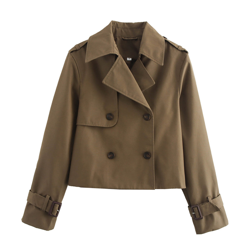 Cropped Double Breasted Trench Coat - Brown