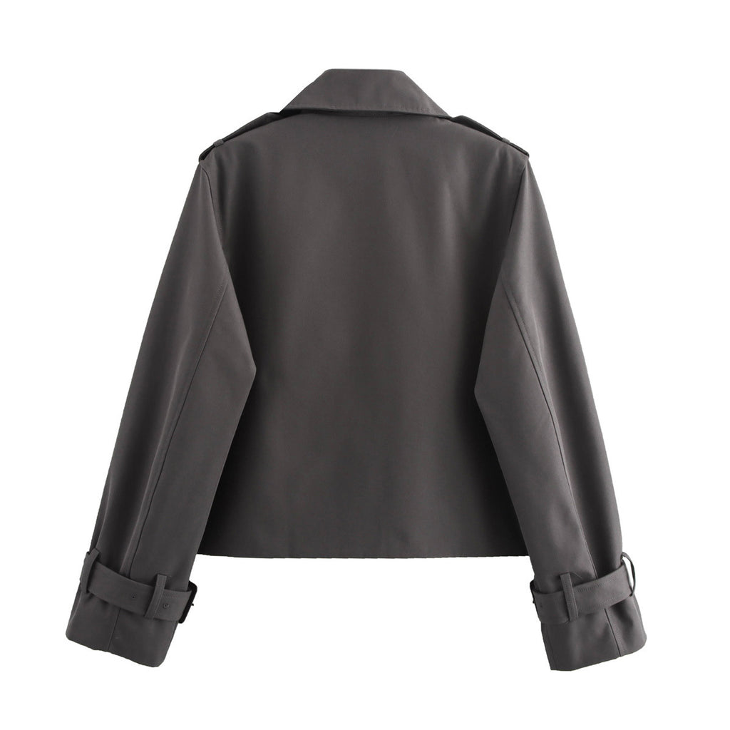 Cropped Double Breasted Trench Coat - Darkgrey - 1