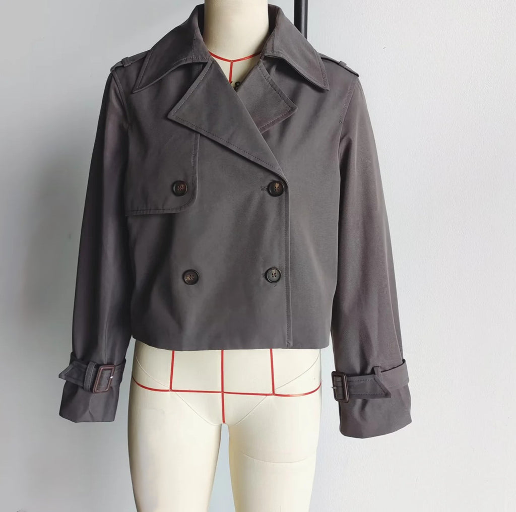 Cropped Double Breasted Trench Coat - Darkgrey - 2