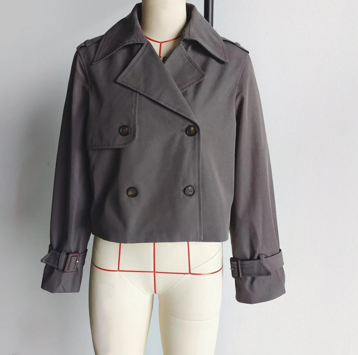Cropped Double Breasted Trench Coat - Darkgrey - 2