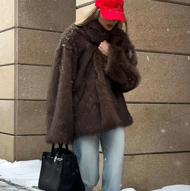 Plush Faux Fur Lapel Collar Jacket - Brown