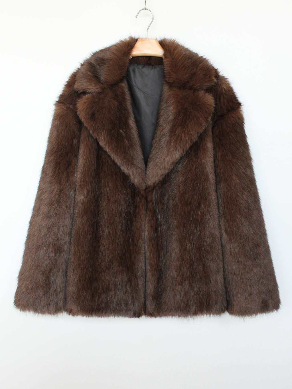 Plush Faux Fur Lapel Collar Jacket - Brown - 1